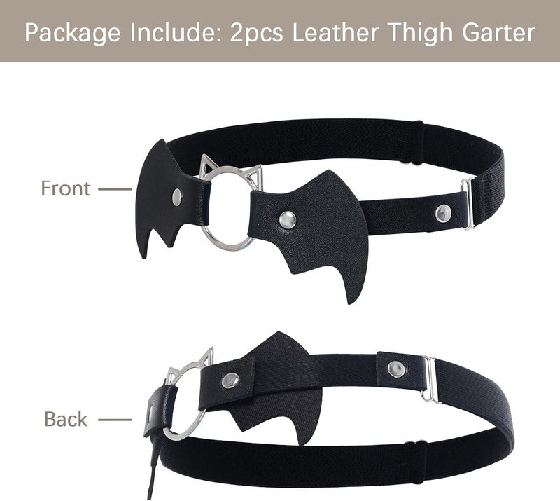 Sucrain 2pcs Adjustable Bat-Shaped Leg Garter,Elastic Belt Punk Gothic Thigh Ring Garter for Cosplay, Spike Party - Image 3